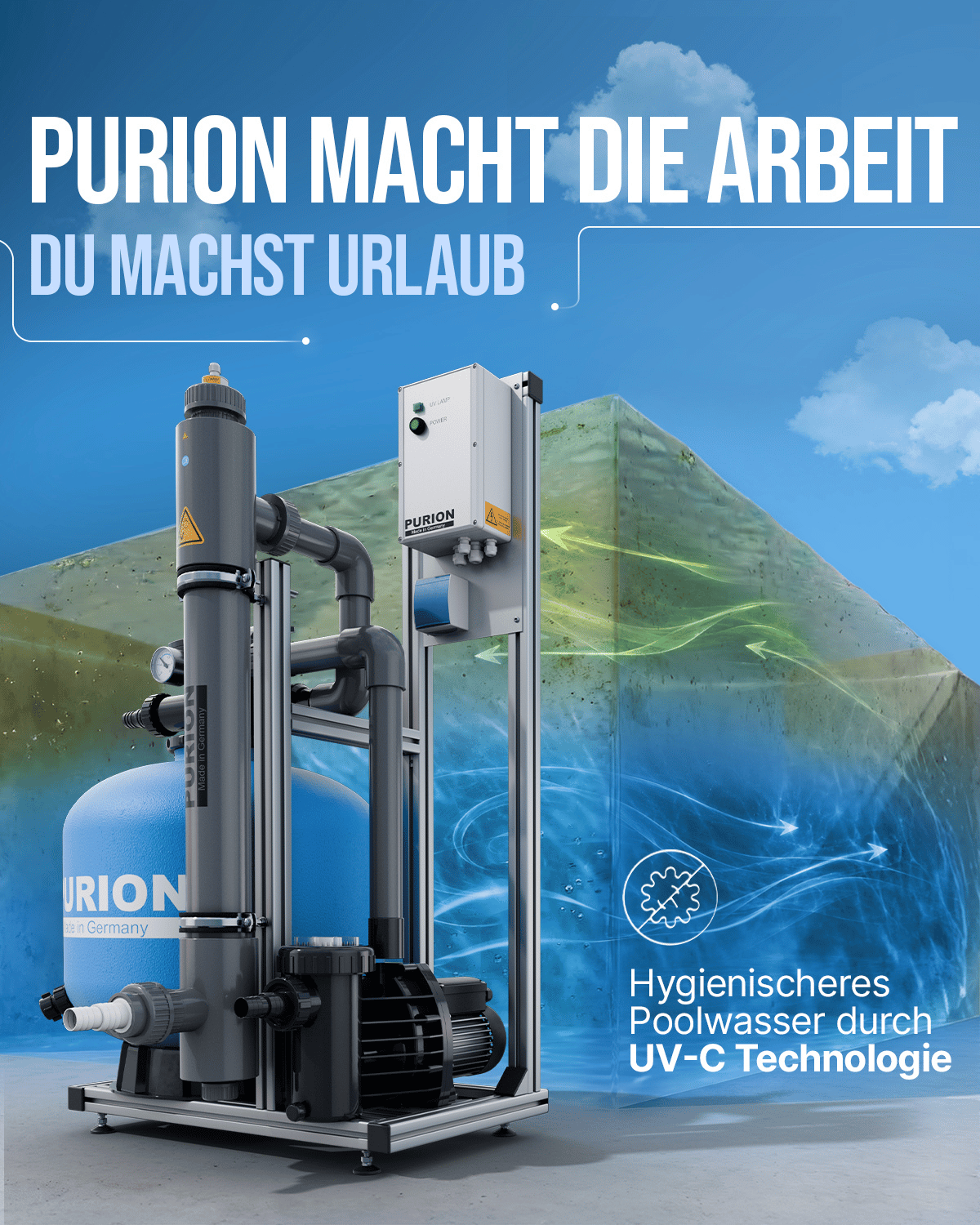 Das Wasserfiltersystem „PURION Pool 80 PVC-U Basic“ der PURION GmbH wird zusammen mit seiner Steuereinheit gezeigt und verfügt über fortschrittliche UV-C-Komplettanlagen-Technologie für hygienisches Schwimmbadwasser und eine wirksame Schwimmbad-Desinfektion. Über dem Gerät ist ein deutscher Text zu sehen, und das System ist zudem salzwassergeeignet und somit vielseitig einsetzbar.