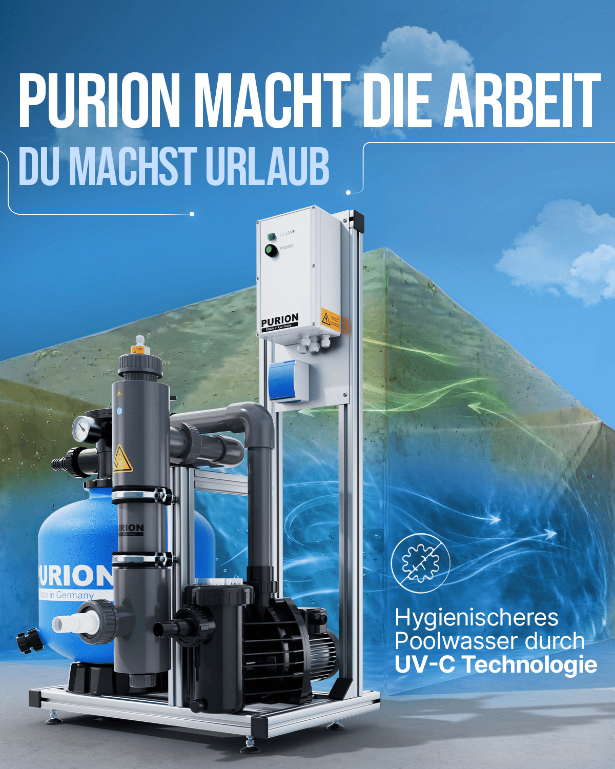 Vor einem Schwimmbecken ist ein PURION Pool 40 PVC-U Plus Wasseraufbereitungssystem der PURION GmbH zu sehen. Ein deutscher Text hebt die UV-C-Technologie für hygienisches Schwimmbadwasser hervor und betont die Vorteile der UV-C-Pool-Desinfektion – eine perfekte Lösung für die effektive Salzwasser-Pool-Desinfektion.