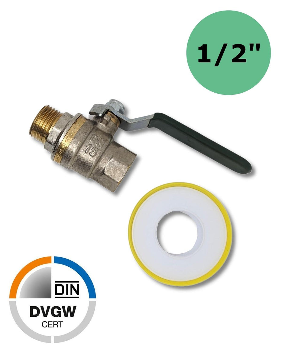 Ein 1/2 Zoll Absperrhahn IG AG Kugelhahn mit weißer Dichtung, DVGW-zertifiziert von der UV Concept GmbH.