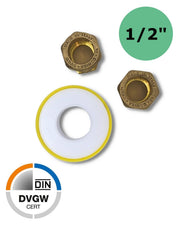 Ein weiß-gelber Zwei 1/2" Zoll Klemmverbinder zu 18mm Mutter und eine gelbe Mutter aus Messing mit UV Concept GmbH Klemmverbindungen der Größe 18mm.