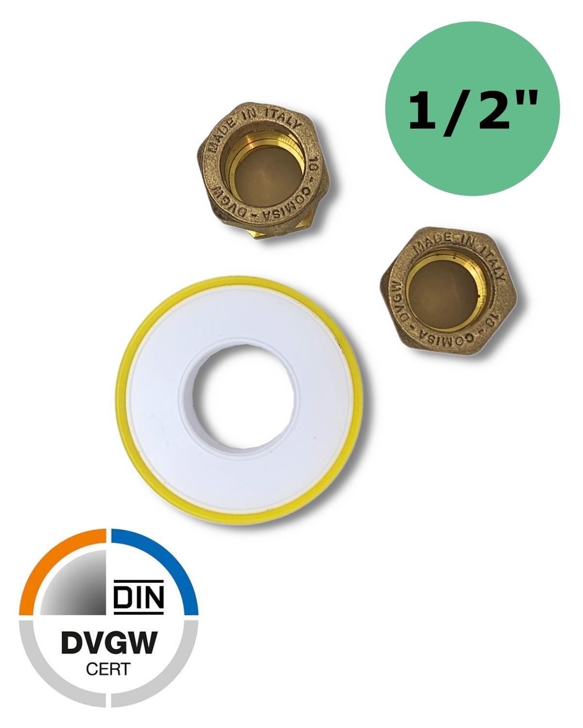 Ein weiß-gelber Zwei 1/2" Zoll Klemmverbinder zu 18mm Mutter und eine gelbe Mutter aus Messing mit UV Concept GmbH Klemmverbindungen der Größe 18mm.