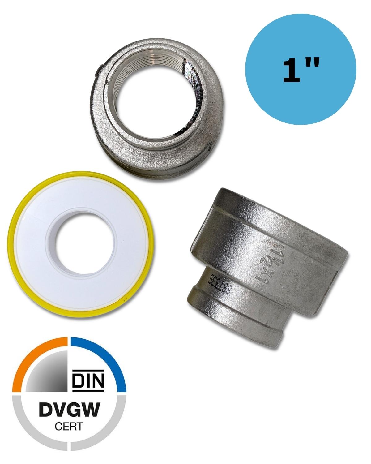 Dwg dwg dwg Дві 1"-дюймові збільшувальні муфти з нержавіючої сталі на 1 1/2"-дюймову внутрішню різьбу UV Concept GmbH.