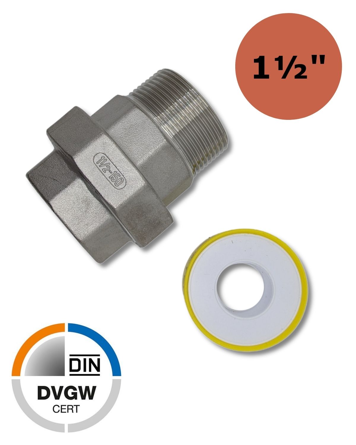 En 1 1/2-tommers rustfri stålforskruning IG AG-utvendig gjengeadapter med en hvit underlagsskive for UV Concept GmbH-tilkoblinger.