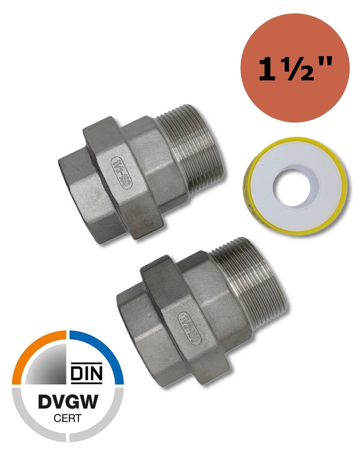 Egy pár 1 1/2 hüvelykes rozsdamentes acél csavarkötés belső-külső menetes szerelvényekkel az UV Concept GmbH-tól.