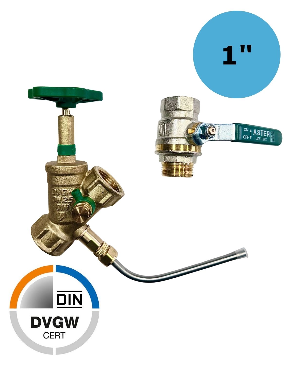 Das 1" Secure Set für PURION UVC-Trinkwasseranlagen von UV Concept GmbH enthält DVGW-zertifizierte Messing-Wasserventile - ein Standventil mit Auslauf und ein kompaktes Eckventil - jeweils mit grünem Griff für den Einsatz in Trinkwassersystemen.