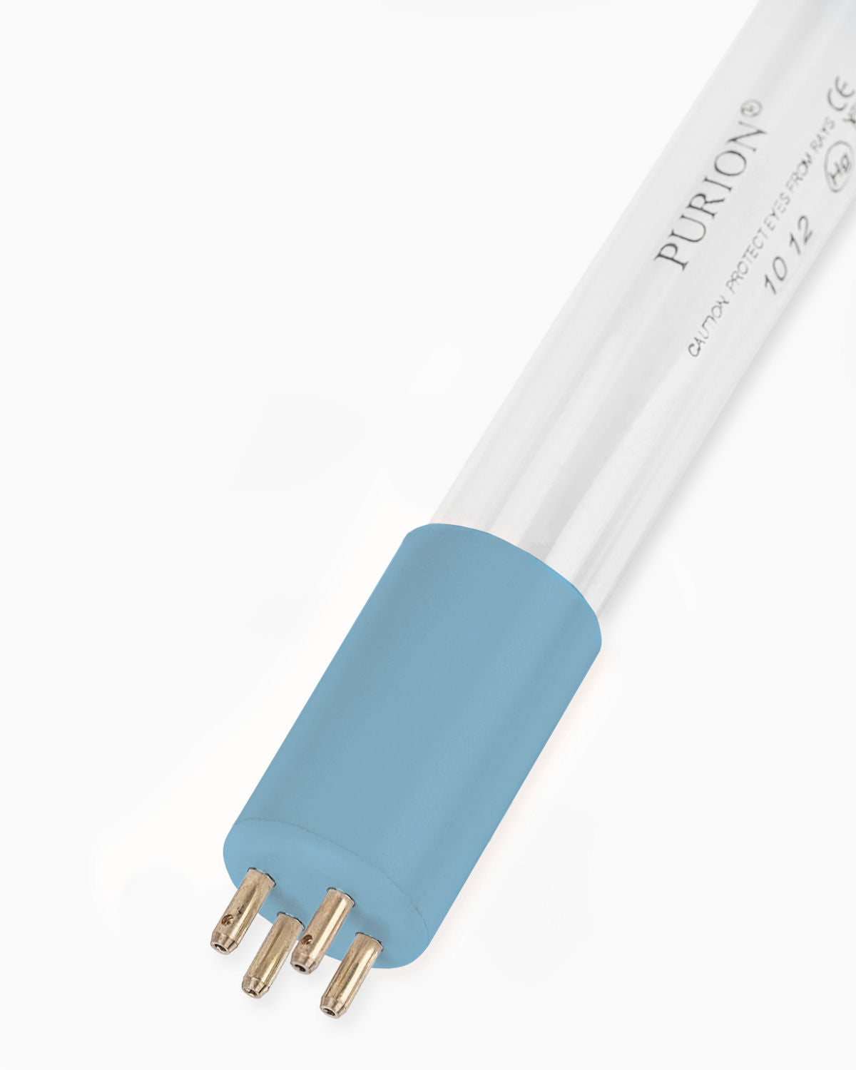 Eine PURION IBC DN225 48W OTC SPL BS Blaulichtröhre von UV Concept GmbH auf weißem Hintergrund, die eine kühle und beruhigende Aura ausstrahlt.