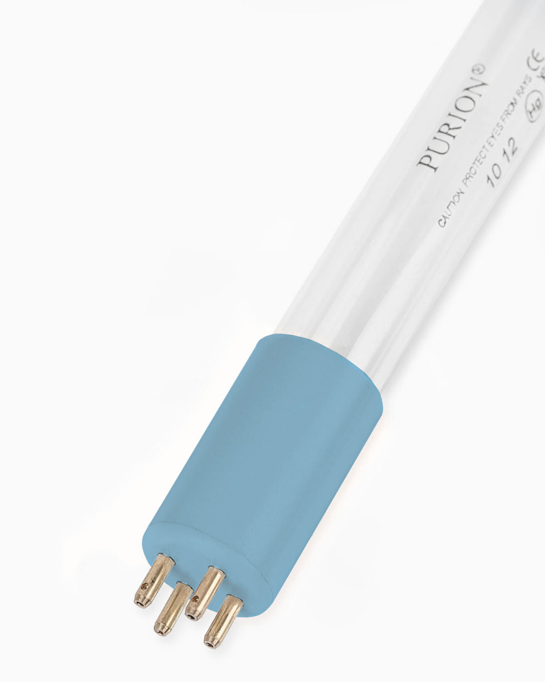 Eine blaue Lichtröhre auf weißem Hintergrund sorgt für PURION IBC DN225 17W SPL BS OTC 12 V/24 V autarke Versorgung und verbessert die Trinkwasserqualität von UV Concept GmbH.