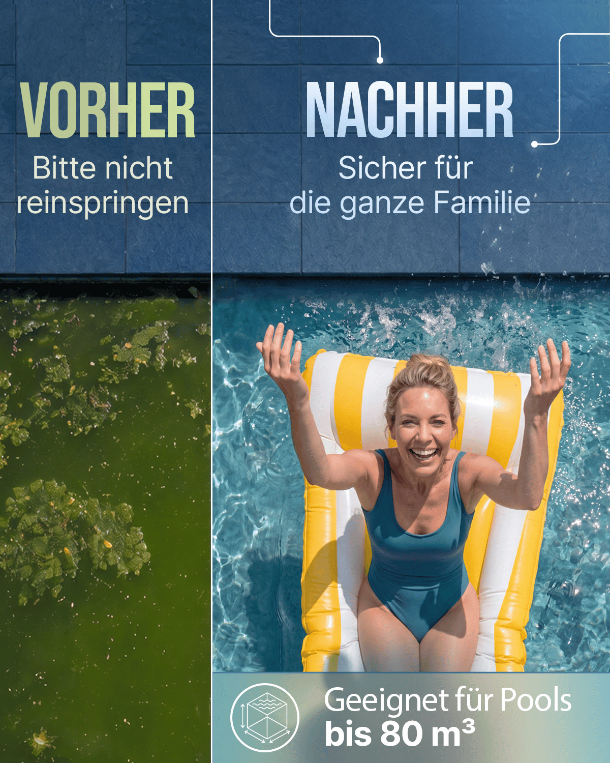Split-Bild: Links ein Pool mit grünem Wasser und Blättern; rechts eine Frau auf einer Luftmatratze, die in einem klaren, blauen Pool lächelt. Der Text vergleicht den Zustand des Pools „vorher“ und „nachher“ und hebt hervor, wie effektiv PURION Pool 80 PVC-U Basic von der PURION GmbH Ihr Wasser aufbereitet – selbst in salzwassergeeigneten Pools –, um sichereres und kristallklares Schwimmen zu ermöglichen.