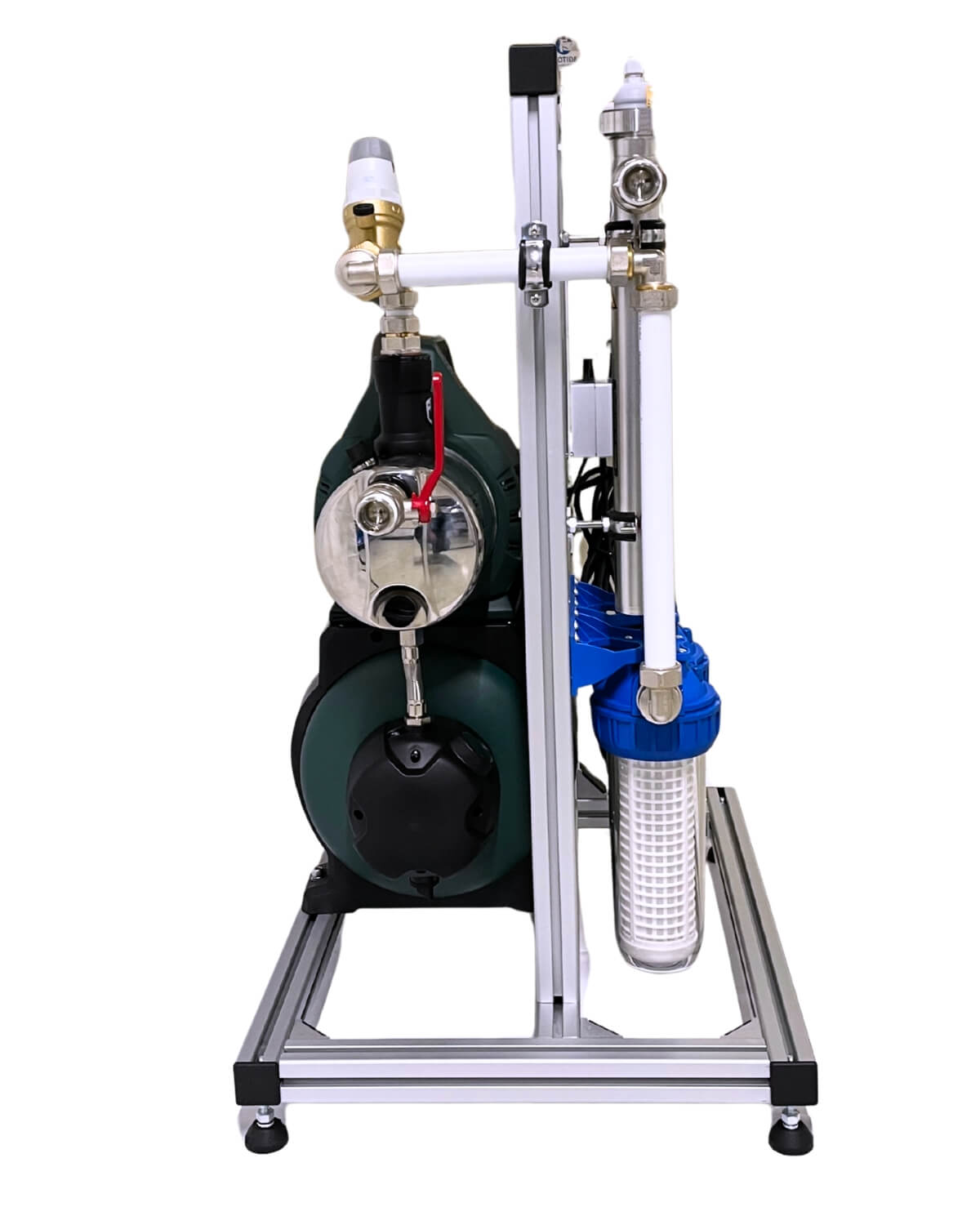 Der PURION 1000 Starter active der PURION GmbH mit Metallpumpe, Leitungen und blauer Filterpatrone auf einem Metallrahmen sorgt für optimale Wasserqualität - hier von vorne.