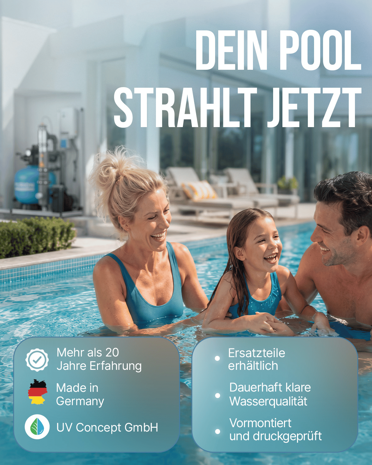 An einem sonnigen Tag sitzt eine lächelnde Familie in Badekleidung gemeinsam am Rand eines Pools im Garten. Ein eingeblendeter Text hebt die langjährige Erfahrung, die hervorragende Qualität und die außergewöhnlichen Serviceleistungen der PURION GmbH hervor und stellt innovative Lösungen wie das UV-C-Wasserdesinfektionssystem „PURION Pool 40 Edelstahl Plus“ für kristallklares Poolwasser in den Vordergrund.