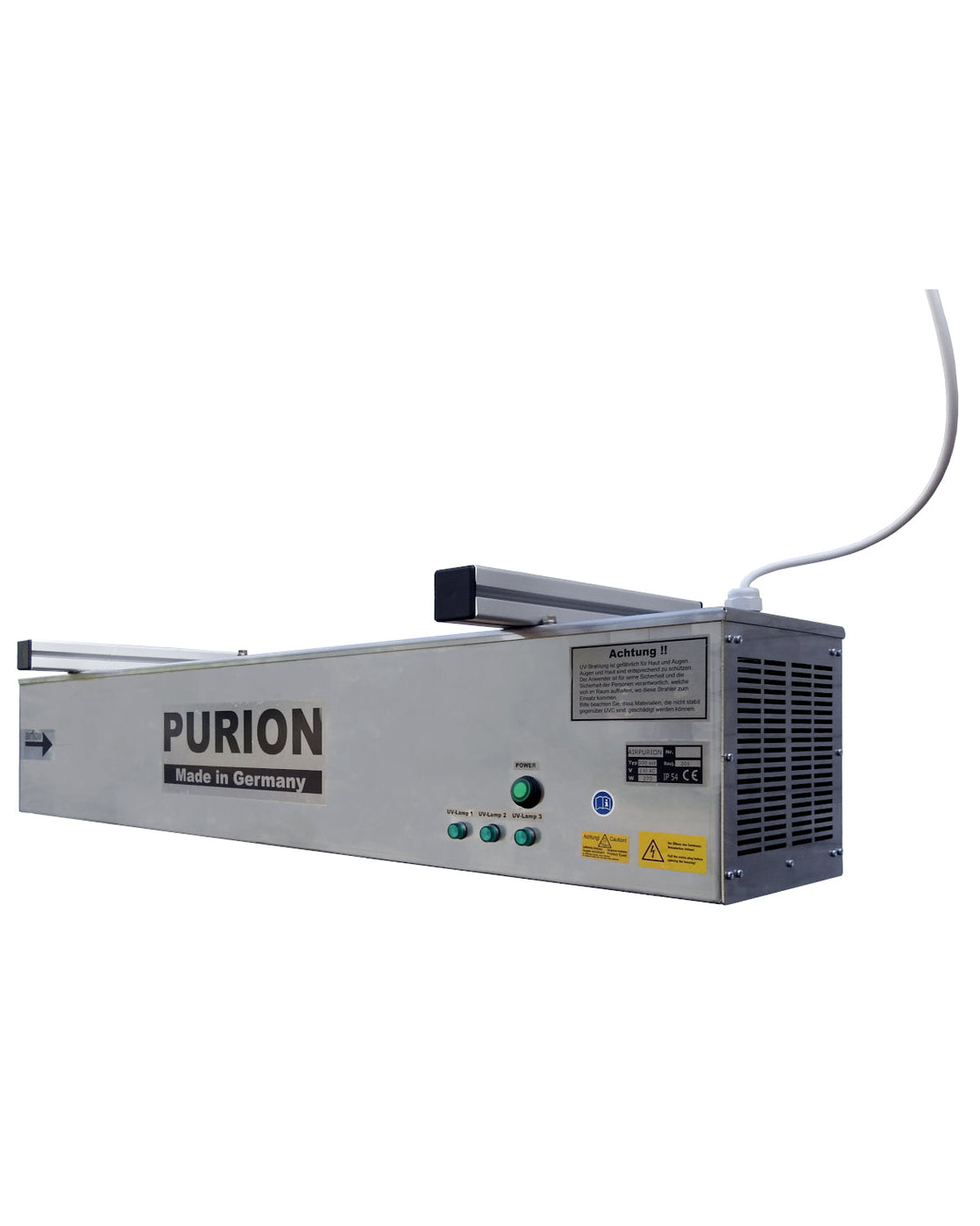 Auf weißem Hintergrund wird ein AIRPURION 300 active Silent Plus Gerät der PURION GmbH präsentiert, das seine Desinfektionsleistung und energiesparenden Eigenschaften hervorhebt.