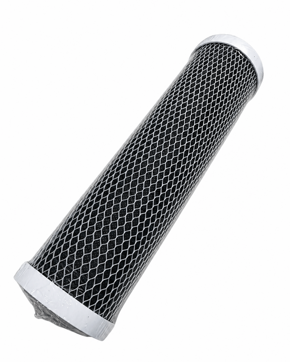 Der PURION Großfilter Aktivkohle/60 Micron von PURION GmbH ist eine zylindrische Wasserfilterpatrone mit schwarzem Netz und weißen Kunststoff-Endkappen, ideal für die Wasseraufbereitung, isoliert auf weißem Hintergrund dargestellt.