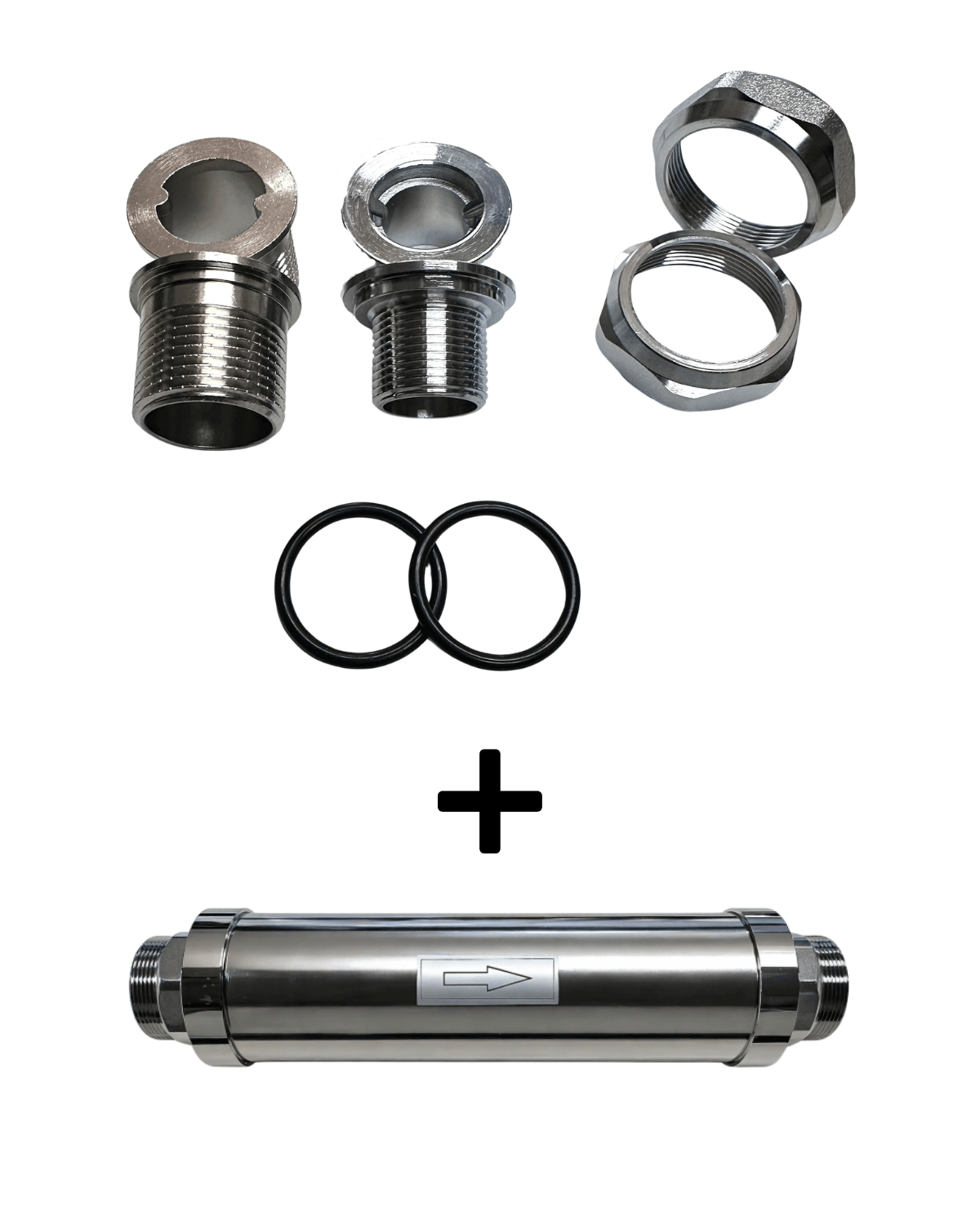 Der Calviva 4000 Kalkumwandler der UV Concept GmbH verfügt über Edelstahlanschlüsse, zwei O-Ringe und einen zylindrischen Filter mit Durchflussrichtungspfeil - ideal für die Aufbereitung von hartem Wasser und die Reduzierung von Kalk - auf weißem Hintergrund.