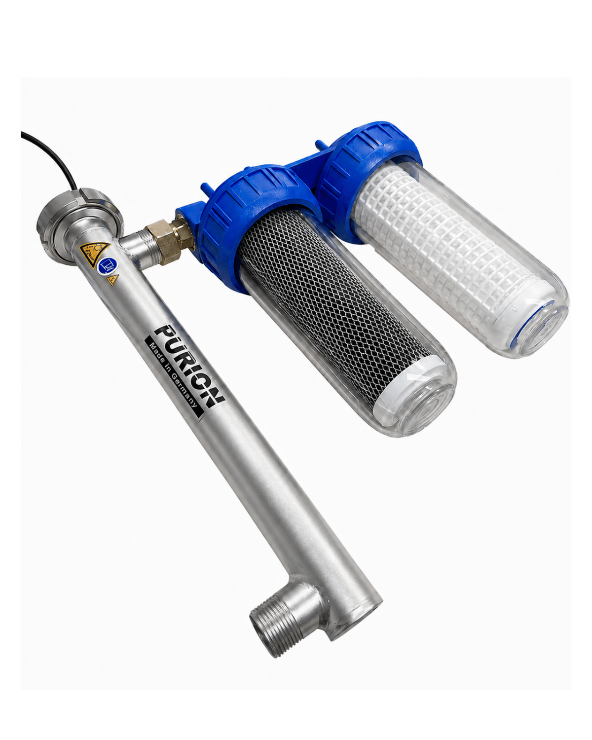 Der PURION 1000 Starter der PURION GmbH ist ein zweistufiges Wasserfiltersystem mit zwei Gehäusen und einer UV-C-Desinfektionseinheit aus Edelstahl, perfekt für den privaten oder gewerblichen Einsatz - ein ideales Einstiegspaket für sauberes, sicheres Wasser.