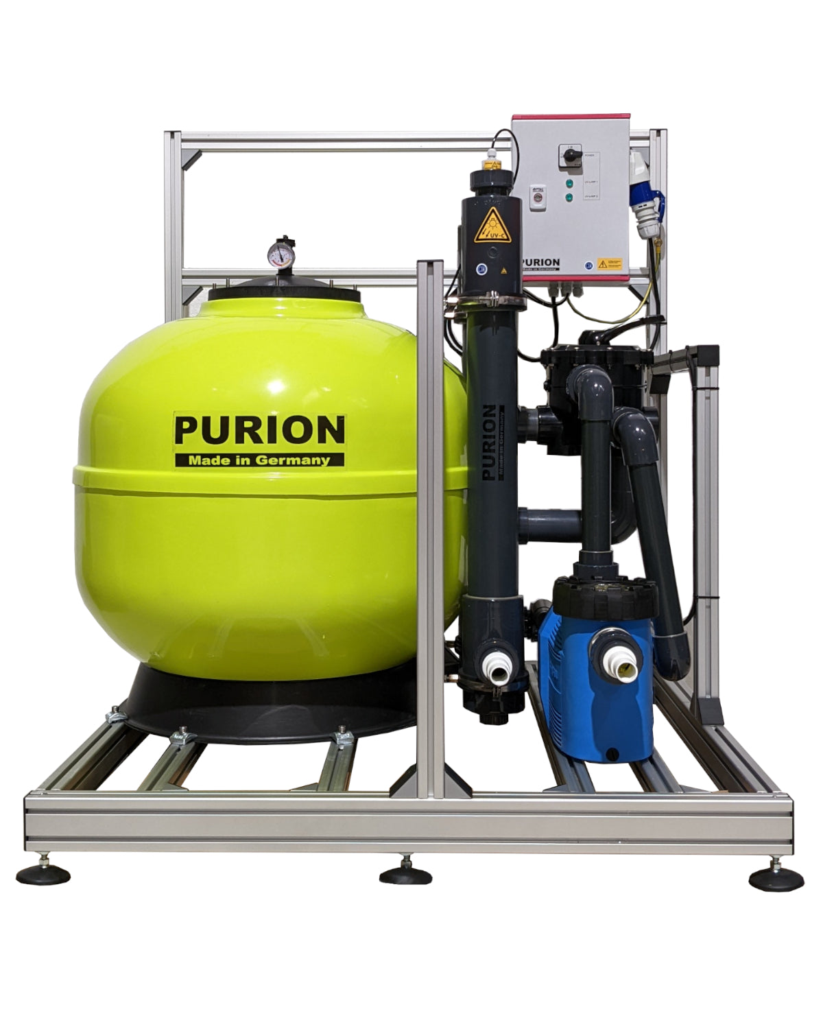 Das PURION Pool Luxury PVC-U-Reinigungssystem nutzt einen hochwertigen Sandfilter und UV-basierte Desinfektion der UV Concept GmbH zur Reinigung des Poolwassers.