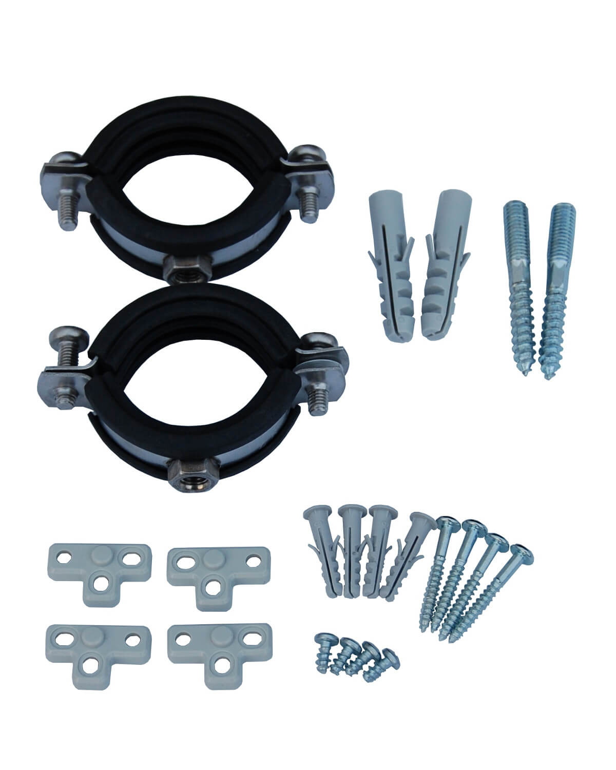 Zwei schwarz verzinkte Schellen-Rohrschellen mit Schrauben, Dübeln und Montageplatten aus dem PURION GmbH PURION Montageset Singles Typ 1 PVC-U sind übersichtlich auf weißem Grund angeordnet.
