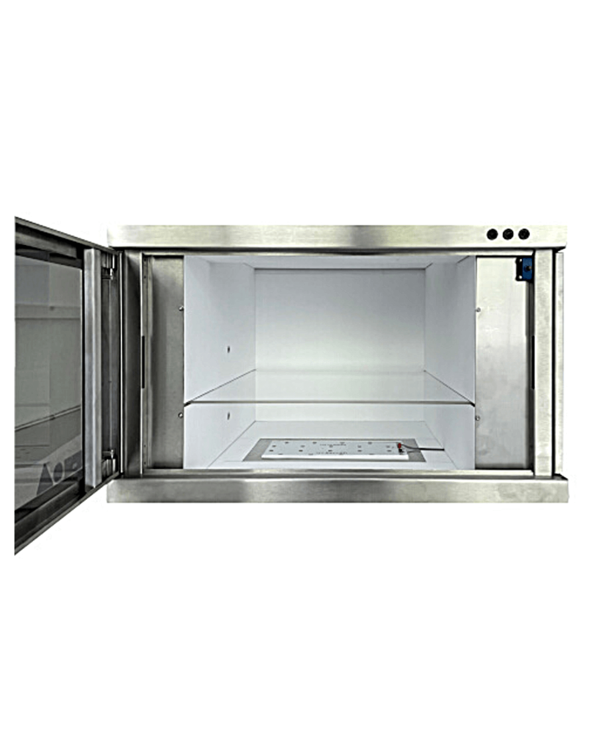 Die PURION UV-C LED Box Edelstahl V2A der PURION GmbH verfügt über eine Edelstahl-Durchreichekammer mit offener Tür, einem sauberen, leeren Innenraum und einer Glasablage für eine effiziente UVC-Desinfektion.