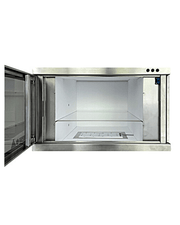 Die PURION UV-C LED Box Edelstahl V2A der PURION GmbH verfügt über eine Edelstahl-Durchreichekammer mit offener Tür, einem sauberen, leeren Innenraum und einer Glasablage für eine effiziente UVC-Desinfektion.