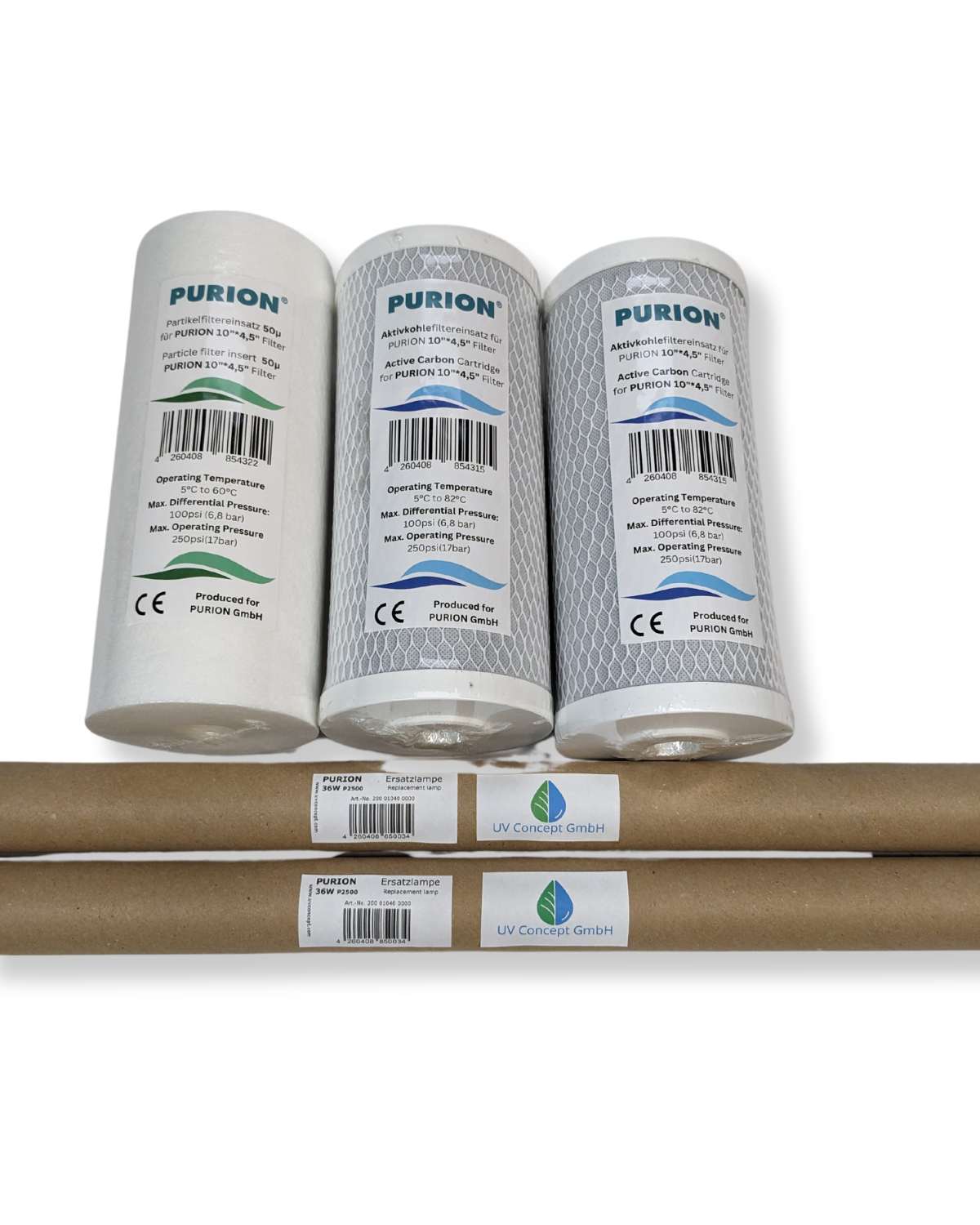 Drei Rollen Wasserfilterpapier mit Etikett sorgen für sauberes Trinkwasser für das 1-Jahres-Wartungsset für PURION 2500 36W DUAL Starter der UV Concept GmbH.