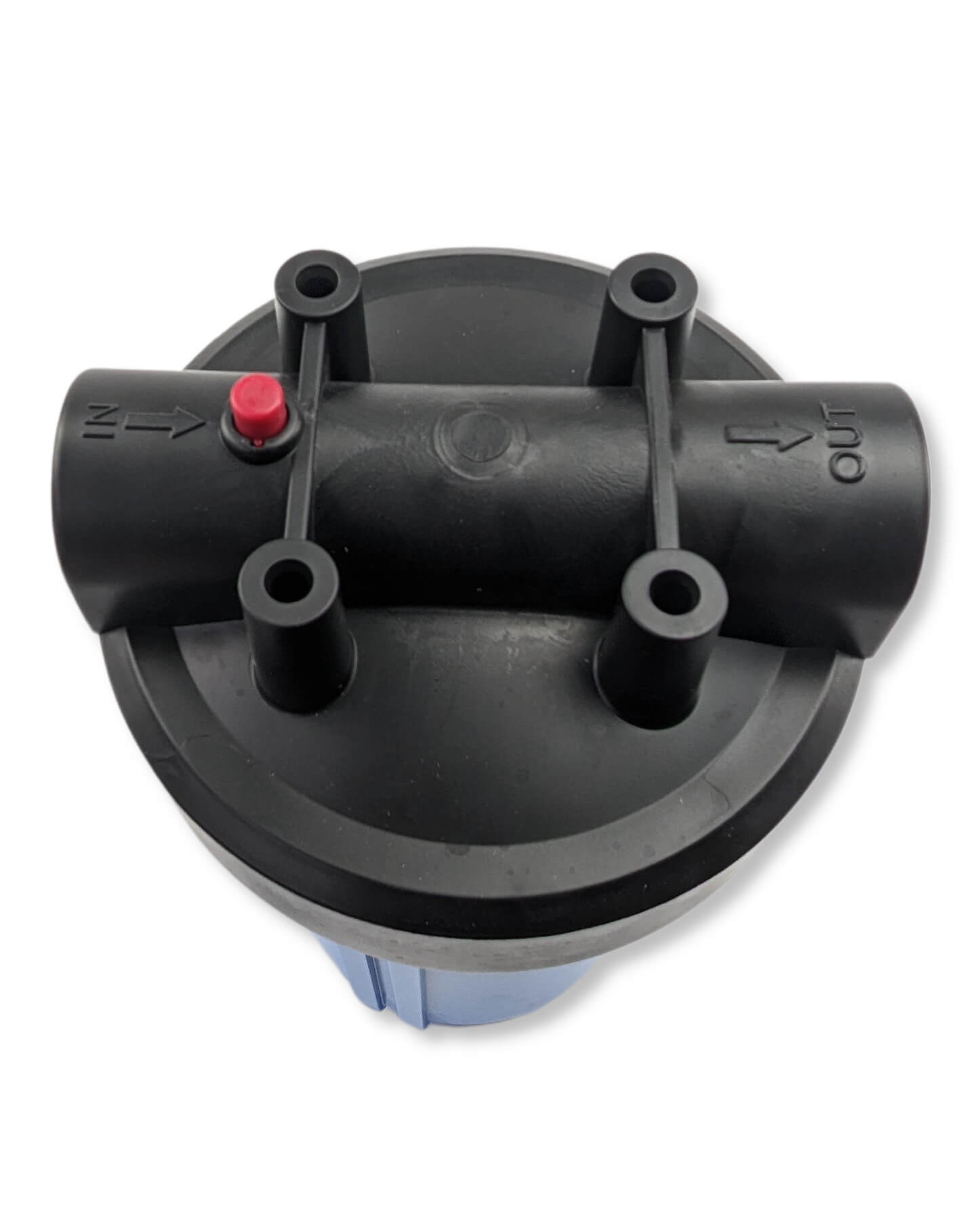 Eine schwarze PURION Vorfilter Big Blue Aktivkohle-Wasserpumpe aus Kunststoff mit rotem Knopf. (Markenname: PURION GmbH)