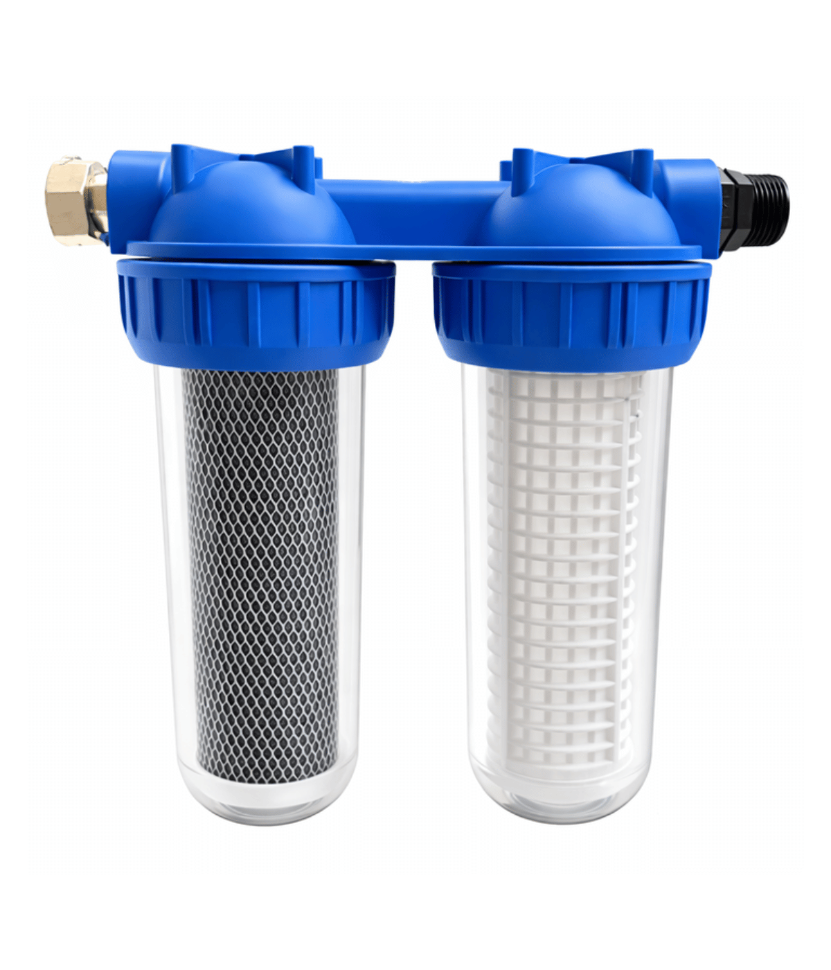 Der zweistufige Wasserfilter PURION 2500 36W Starter der PURION GmbH besteht aus zwei durchsichtigen Behältern mit blauen Kappen, von denen einer mit einem Kohlefilter und der andere mit einem Sedimentfilter ausgestattet ist.