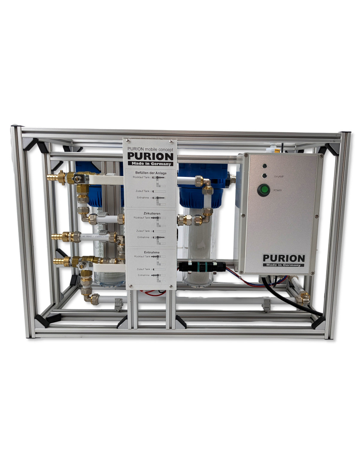 Auf weißem Hintergrund ist ein PURION Mobile Concept Wasseraufbereitungssystem mit UV-Anlage abgebildet. Das System besteht aus langlebigen Komponenten.