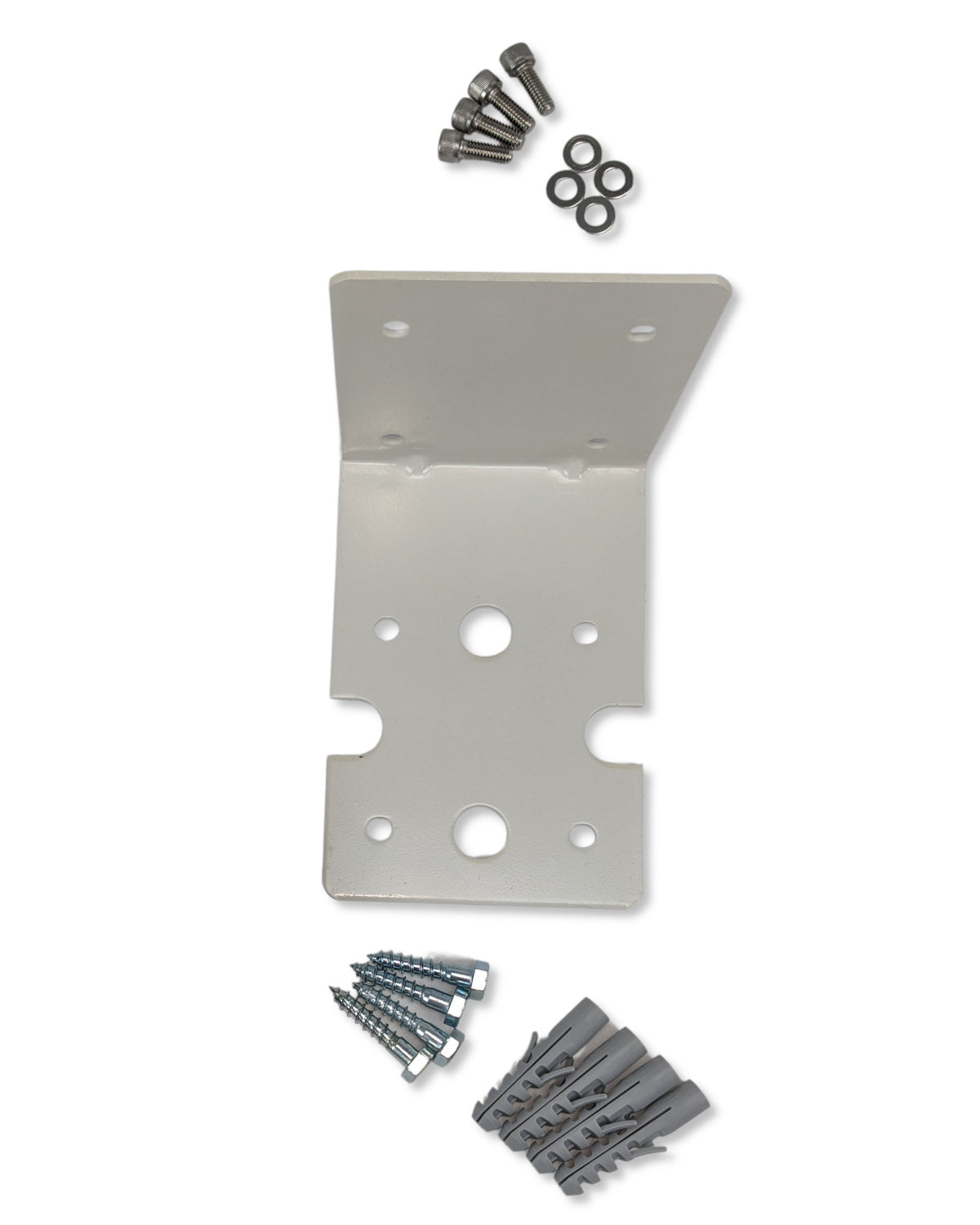 Eine weiße Wandhalterung für die Wandmontage mit Schrauben, das Montageset Big Blue Vorfilter der PURION GmbH.