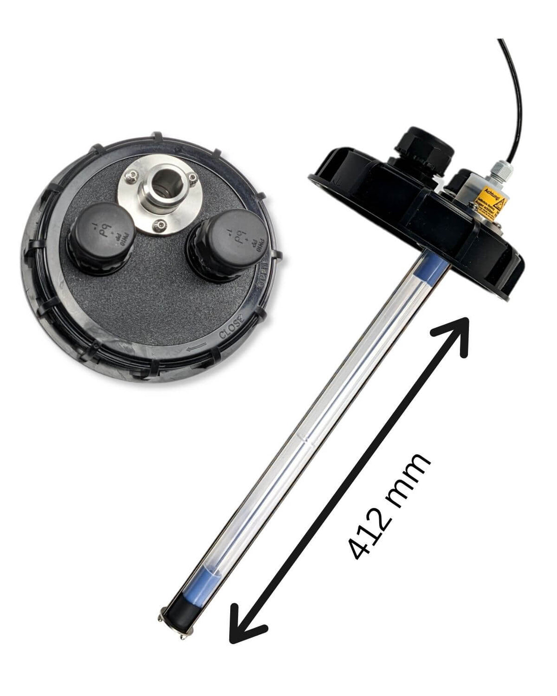 Ein Bild eines Motors und einer Pumpe, die die Komponenten des PURION IBC DN150 17W SPL BS OTC 12 V/24 V-Durchflusssystems der UV Concept GmbH zeigt.