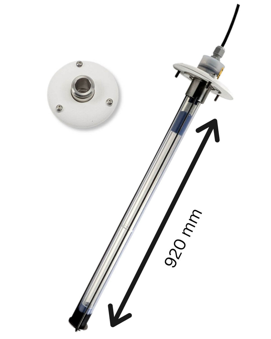 Eine UV Concept GmbH PURION IBC Universal 36W OTC SPL BS zeigt Trinkwasserqualität und Verkeimungsmessung an einem Metallrohr mit Durchmesser.