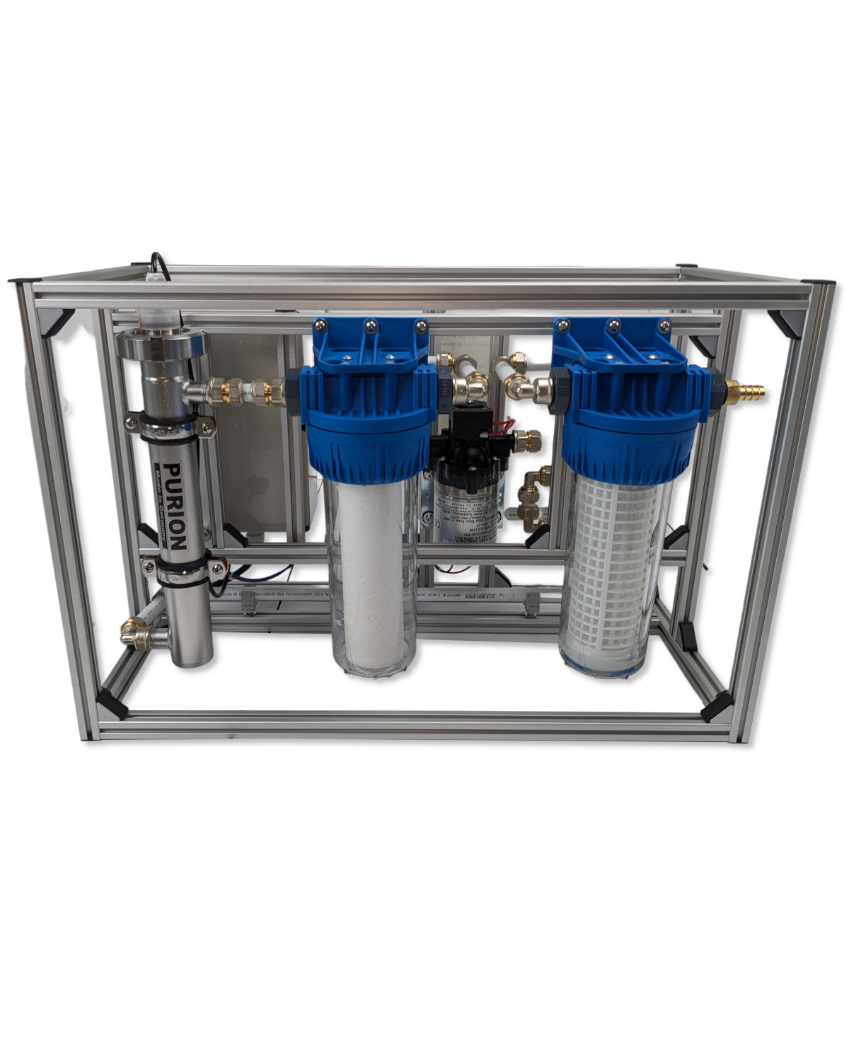 Ένα κινητό σύστημα Mobile Concept OTC PURION με ένα μπλε φίλτρο και δύο μπλε σωλήνες με ανθεκτικά εξαρτήματα.