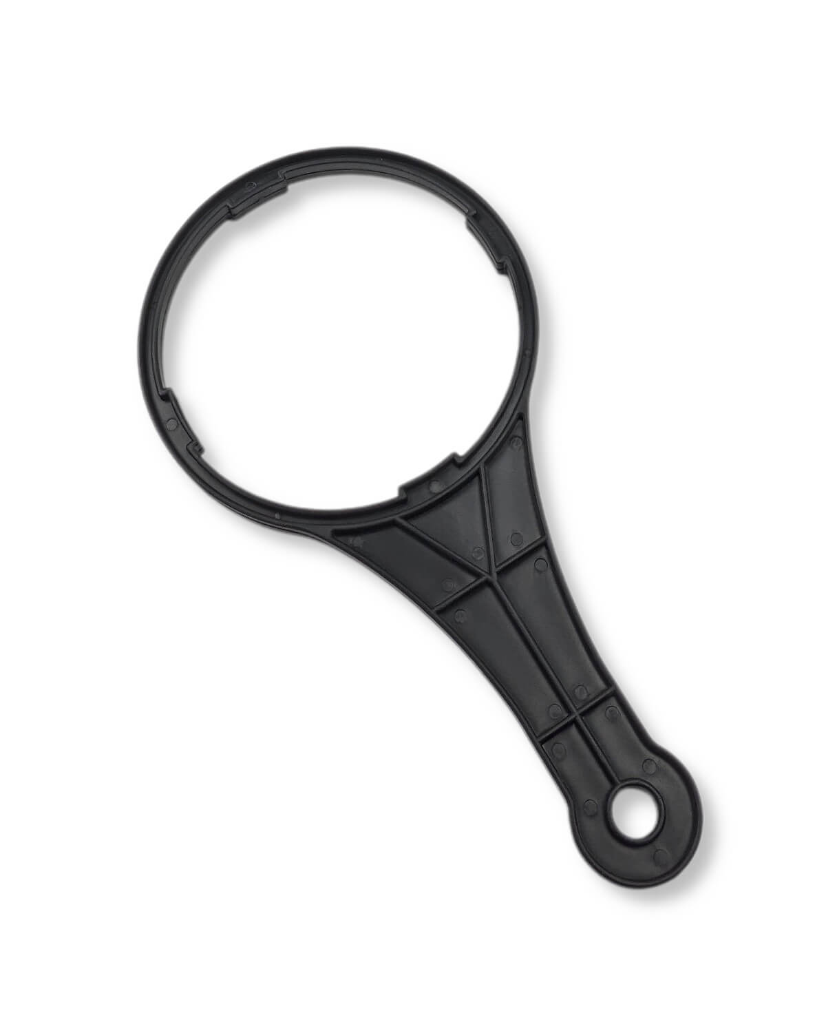 Μια μαύρη πλαστική λαβή σε λευκό φόντο του PURION διπλού προφίλτρου Big Blue της PURION GmbH.