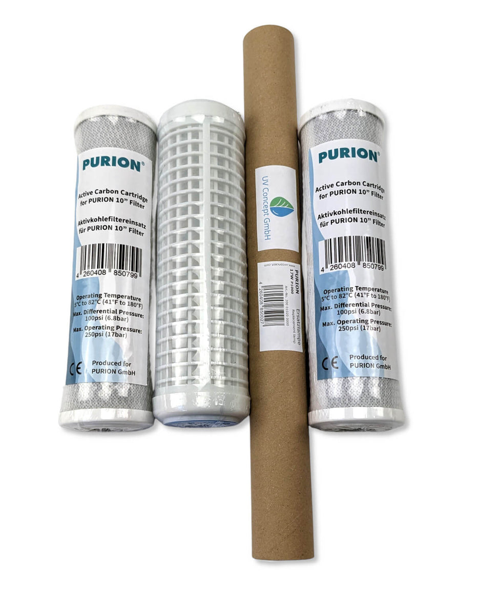 1 Jahr Wartungsset für PURION 1000 Starter-Wasserfilterkartuschen der UV Concept GmbH für sauberes Trinkwasser.