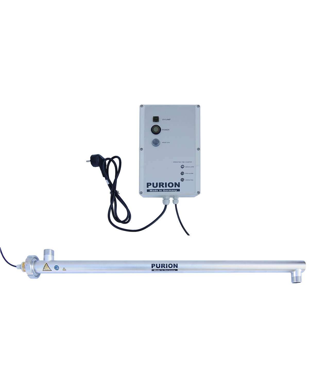 Ein kleines elektronisches Gerät mit angeschlossenem Kabel, entwickelt für die UV-C-Desinfektion in Hotels, genannt PURION 2500 90 W OTC von der PURION GmbH.