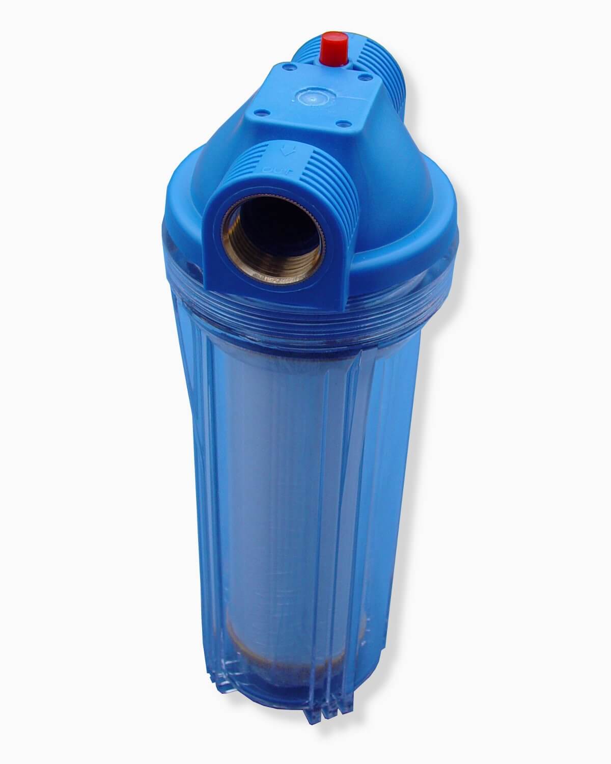 Ein blauer PURION Vorfilter Entkalkung auf weißem Hintergrund, der Verunreinigungen effektiv entfernt und für sauberes und reines Wasser zum Verzehr sorgt.