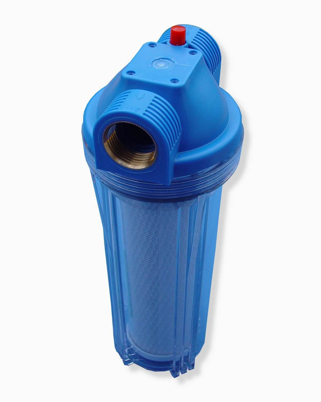 Ein blauer PURION Vorfilter Aktivkohle-Wasserfilter auf weißem Hintergrund mit einem Aktivkohlefiltereinsatz der PURION GmbH.