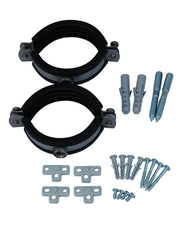 Ένα ζεύγος κιτ στερέωσης μονών στηριγμάτων σωλήνα τύπου 2 PVC-U PURION με βίδες και μπουλόνια, τοποθετημένο στον τοίχο.