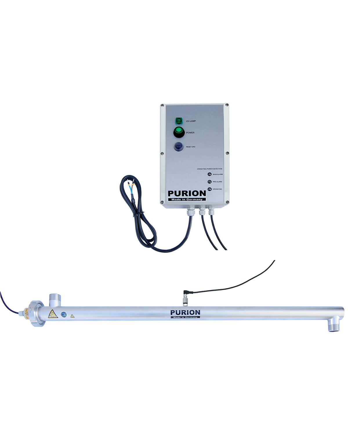Ein PURION 2500 36 W 24 V DC OPD-Warmwasserbereiter mit angeschlossenem Kabel und integrierter UV-C-Desinfektionsanlage zur Trinkwasserreinigung.