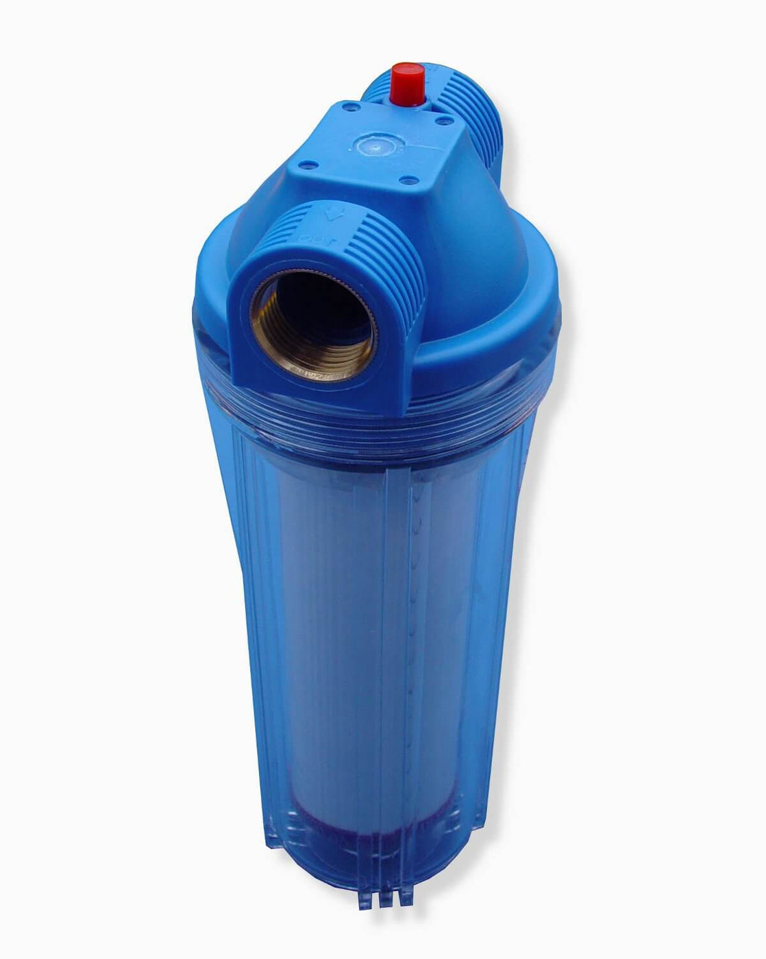 Ein blauer PURION Vorfilter Enteisung-Wasserfilter auf weißem Hintergrund, der Enteisung und Trinkwasser für sauberes Trinkwasser bietet. (Markenname: PURION GmbH)