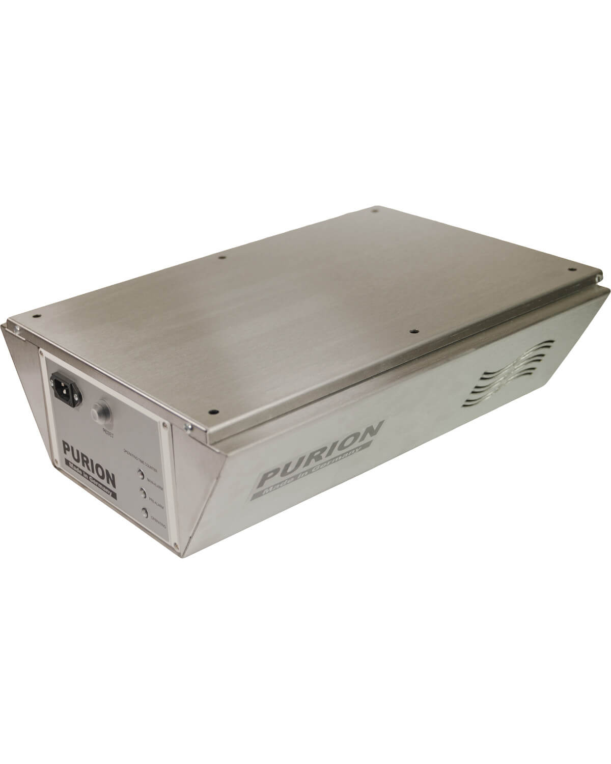 Ένα μεταλλικό κουτί με ένα τροφοδοτικό AIRPURION Sterile Fridge Basic της PURION GmbH.