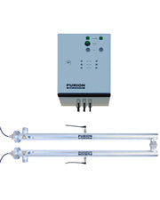 Due dispositivi elettronici bianchi con un impianto di disinfezione UV-C da 2500 90 W PURION ESM su sfondo bianco.
