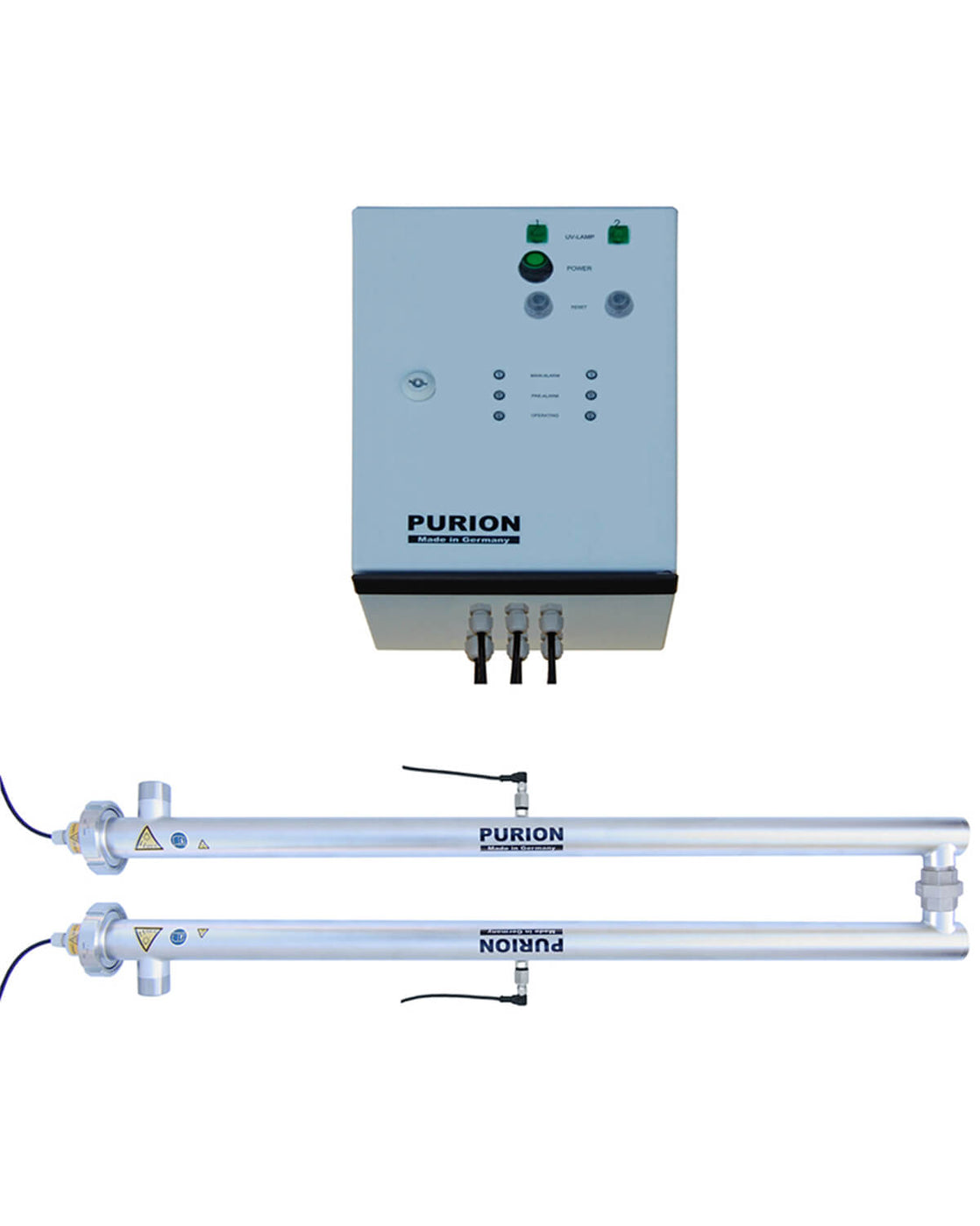 Zwei weiße elektronische Geräte mit einer PURION 2500 90 W DUAL ESM UV-C-Desinfektionsanlage auf weißem Hintergrund.