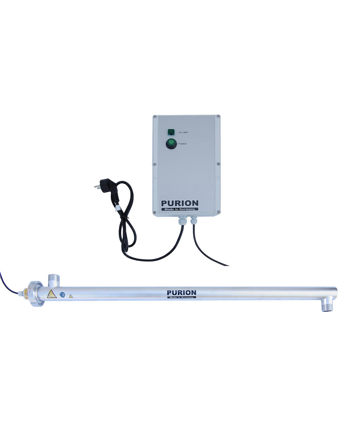 Eine PURION 2500 36 W 110 - 240 V AC Basic UV-C-Desinfektionsanlage mit angeschlossener Lampe.