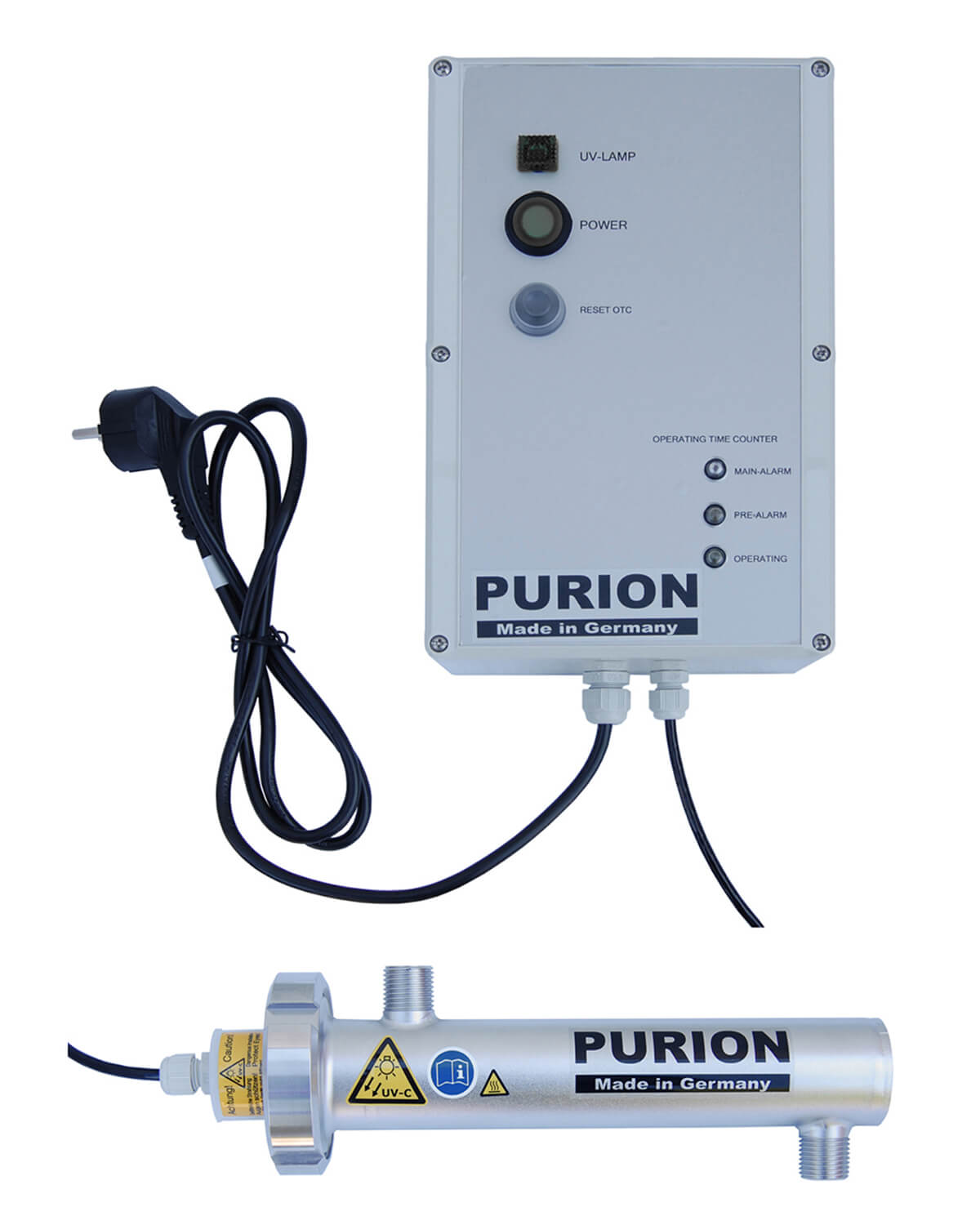 Die PURION 400 110 - 240 V AC OTC der Purion GmbH ist eine UV-C-Lampe, die purioniertes und entkeimtes Trinkwasser liefert. Für optimale Ergebnisse wird die Verwendung des PURION 400 empfohlen.