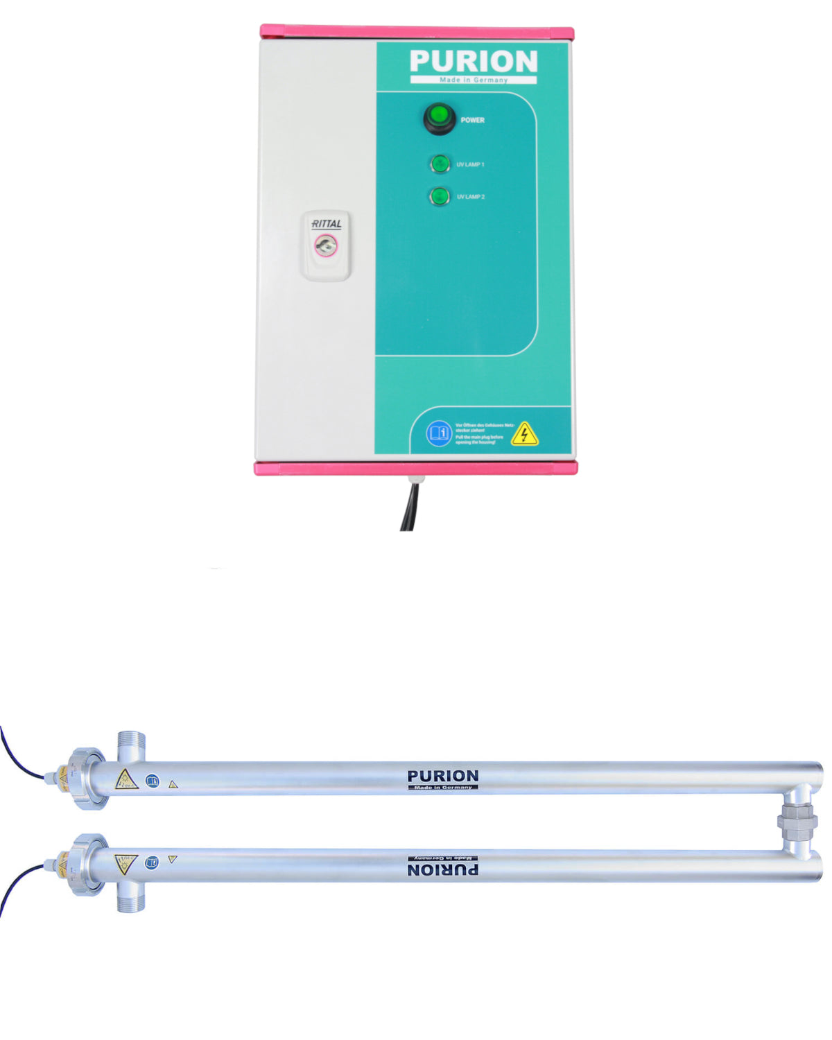 Ein kleines Gerät mit einem rosa Griff und einem blauen Griff, konzipiert für die UV-C-Desinfektion und Trinkwasserdesinfektion, genannt PURION 2500 36 W DUAL Basic, hergestellt von der PURION GmbH.