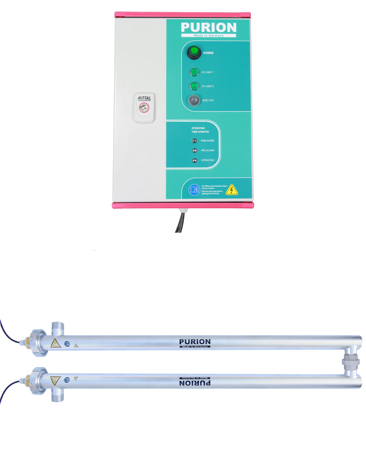 Der PURION 2500 36 W DUAL OTC, hergestellt von der PURION GmbH, ist ein Gerät mit blauem und rosafarbenem Licht, das die UV-C-Desinfektionstechnologie zur Desinfektion von Trinkwasser nutzt.