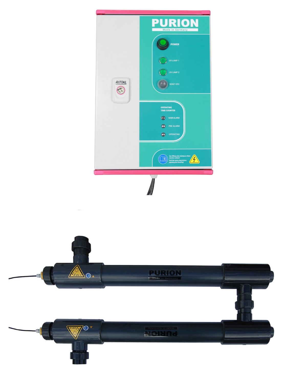 Ein Set aus zwei PURION 2501 DUAL PVC-U OTC Plus Pumpen und einem Wasserzähler für die UV-C-Desinfektion in Salzwasser.