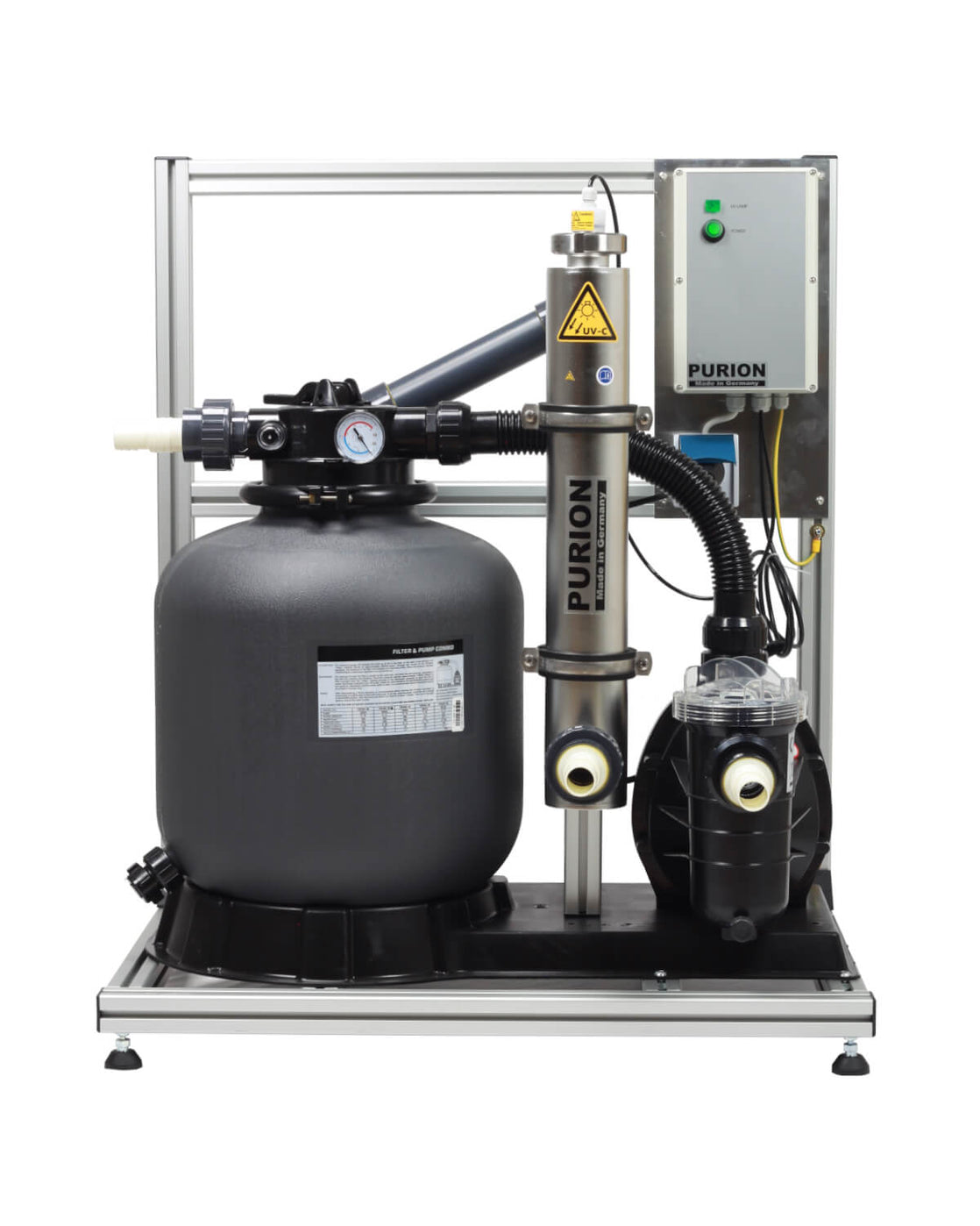Ein PURION Pool 40 Edelstahl Basic Wasserfiltersystem mit UV-C-Lampe zur Wasserreinigung mittels Pumpe und Schlauch. (Marke: PURION GmbH)