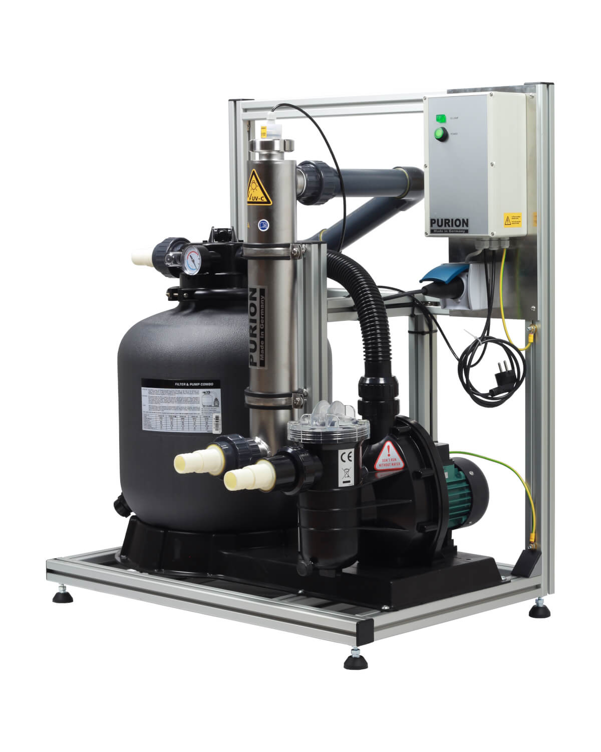 Ein Wasserfiltersystem mit UV-C-Lampen-Technologie, elegantem PURION Pool 40 Edelstahl Basic-Design und effektivem Einsatz von Glasgranulat für eine hervorragende Wasserreinigung (Marke: PURION GmbH).