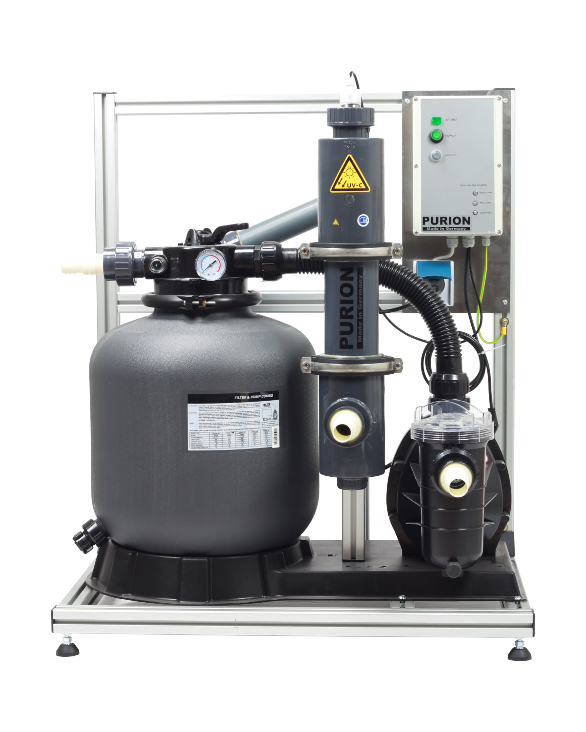 Ein PURION Pool 40 PVC-U Plus Wasserfiltersystem mit Pumpe und UV-C-Anlage zur Reinigung des Poolwassers und sorgt für hygienisch sauberes Poolwasser.