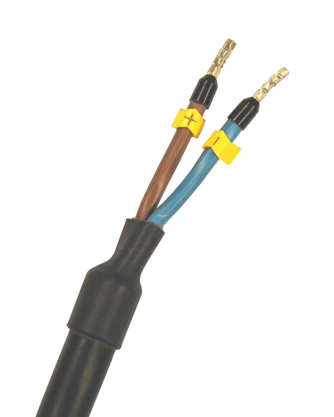 Ein schwarz-gelbes Kabel mit zwei Adern, geeignet zum Anschluss einer PURION 400 12 V/24 V DC Basic UV-C-Lampe der PURION GmbH.